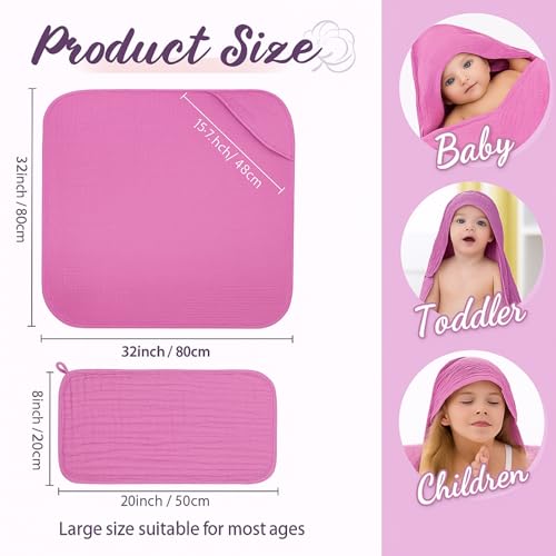 Image of VitalCozy 8 Pcs Baby Muslin Hooded Bath Towels and Washcloths, Muslin Hooded Baby Towels Absorbent Blankets for Gift Newborn Infant Shower (Pink,Purple)