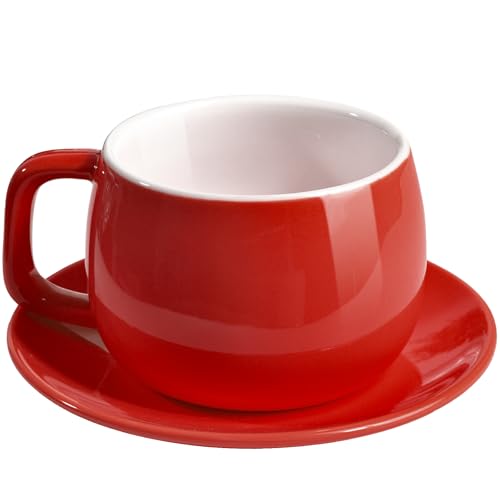 ionEgg Taza de café de porcelana con platillo de 270 ml, diseño minimalista, perfecta para café con leche, capuchino y té, color rojo ionEgg Taza de café de porcelana con platillo de 270 ml, diseño minimalista, perfecta para café con leche, capuchino y té, color rojo