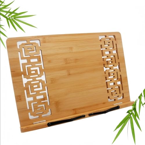 SOVYOULIVE Bamboo Book Stand, 34 x 24cm Foldable Cookbook Older ith 6 Adjustable Height, Hollow Pattern Book Holder Stand for Tablet Recipe Music Book Textbook
