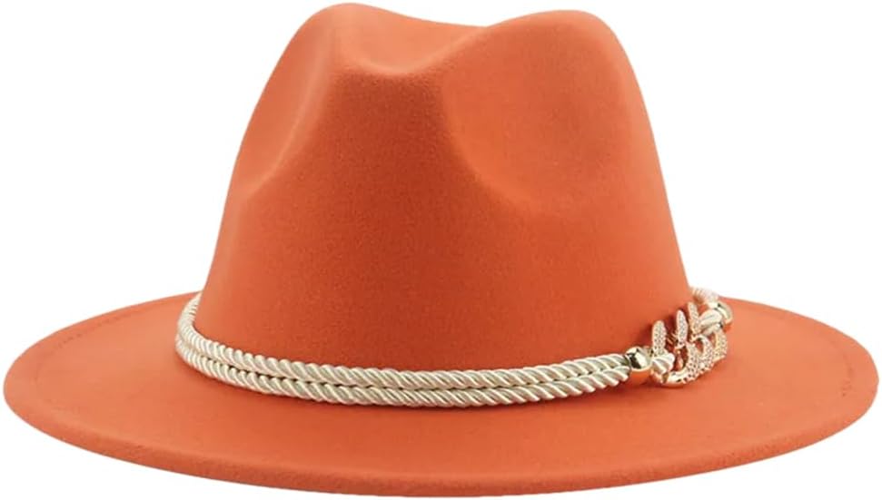 Women Hat Solid Belt Fedora Hats Formal Wedding Church Felted Fedora Hats Sombreros Orange 56-58cm(Adults)