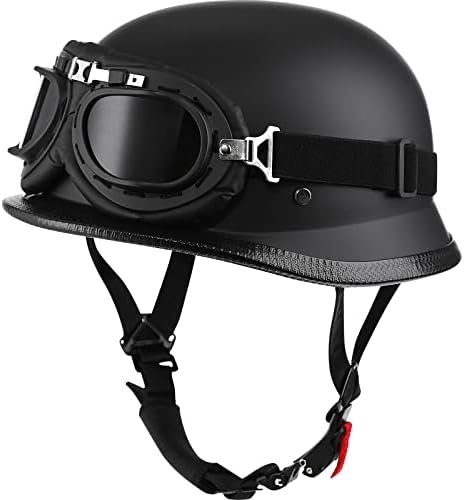 Yesmotor Helmet Half Shell German Motorcycle Helmet with Cycling Glasses - DOT Approved (XX-Large, Matte Black & Black)