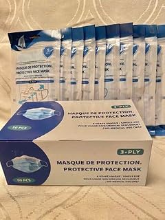 Face Mask Disposable Protective 50 Pcs (5 Pcs Packaged x10) 3-Ply with Metal Nose Wire & Elastic Earloop Blue