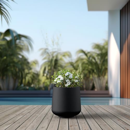Image of Kante Black Concrete Planter 13 inch Dia All-Weather Round Accent Pot | Handcrafted Cement Curved, Anti-Frost & UV Outdoors, Plug for Indoor, Lightweight & Durable, Modern Home, Garden, Porch