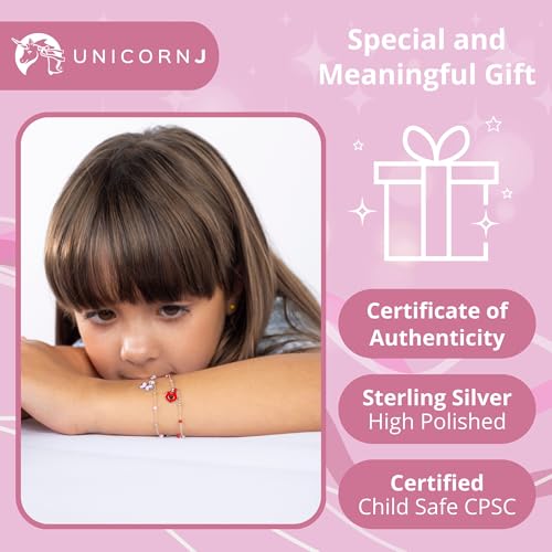 Image of UNICORNJ Sterling Silver Kids Bracelet for Girls Heart Butterfly Charm Enamel Hand Painted | Made in Italy | Bead Chain 6.25 inch