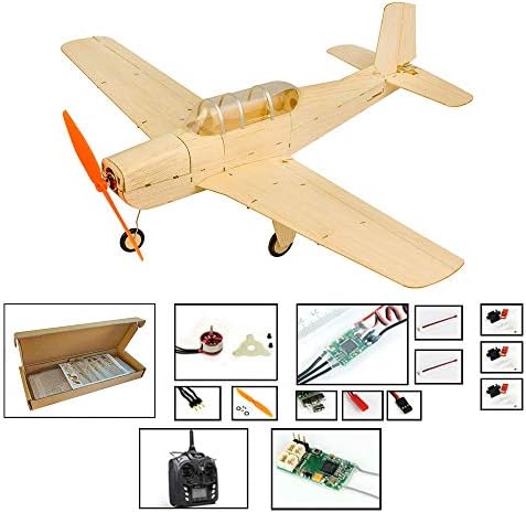Mini Balsa Wood RC Airplane Kit Beechcraft T-34 Model Aircraft, 18.5'' Laser Cut RC Plane Kit to Build for Adults, Electric Hobby Airplane Unassembled Kits+Motor+ESC+Servos+TX/RX(Right Hand Throttle)