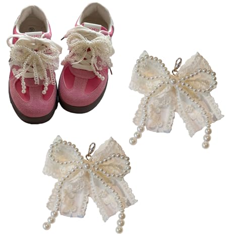 2 Pcs Pearls Bow Shoe Charms for Sneakers, Elegant DIY Shoe Lace Decoration, Buckle Pearl Beaded Chain Accessories for Women, Dress Shoes, Wedding Gift Jewelry (1 Pair Lace Pearl)