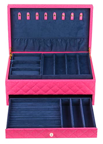 Joyero de piel sintética, elegante organizador con bandejas de cajón y espejo para collares, aretes, anillos y más