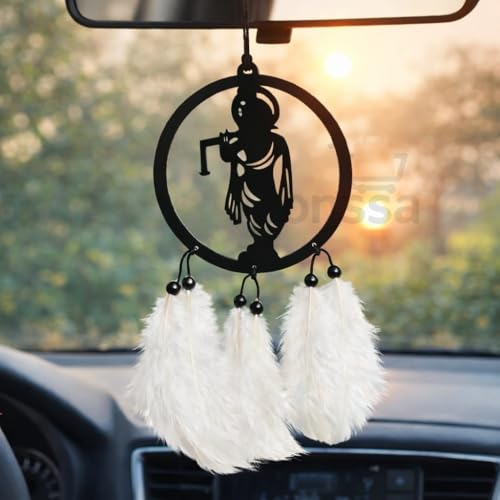Image of M H VILLA Krishna Dream Catcher for Rearview Charm, Spiritual Car Decoration Items Interior Accent, Elegant Car Hanging Accessories Interior for Positive Vibes, Stylish Car Mirror Hanging Gift - WHITE