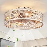 MeZeYo Farmhouse Ceiling Fans with Lights Remote Control,6 Speed Reversible Flush Mount Low Profile Rustic Antique White Ceiling Fan with Light,Boho Bladeless Country Caged Ceiling Light Fixture