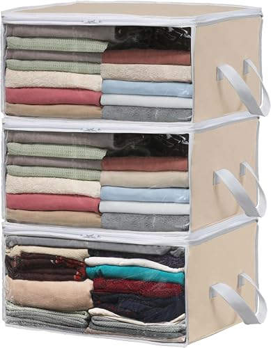 Simple Houseware 3 Pack Foldable Closet Organizer Clothing Storage Box with Clear Window, Beige