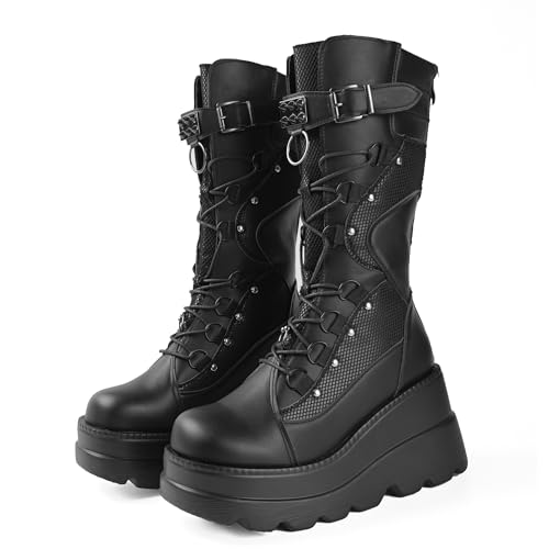 Gothniero Bottes gothiques mi-mollet à lacets avec boucles, style gothique, punk, gothique, gothique, à talon épais, pour femme, noir 2, 40 EU