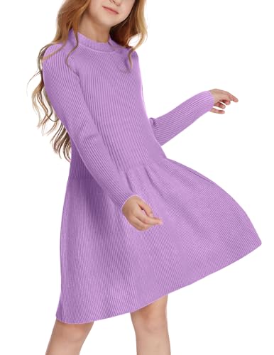 Arshiner Vestido de suéter para niña Vestido de otoño e Invierno Vestidos de Punto de Manga Larga Vestidos Skater Acampanado Corte en A Monocolor básico Informal para niños Color Morado 150