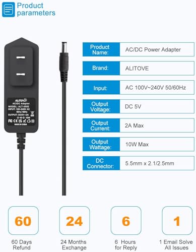 ALITOVE 5V 2A Power Supply Adapter Charger 5 Volt 10W AC 100-240V 50-60Hz Replacement Power Cord 2000mA 1500mA 1A with 8 Tips for Security Camera Baby Monitor Digital Photo Frame TV Box LED Light
