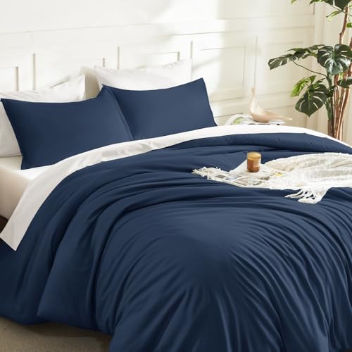 Image of Litanika Navy Blue Oversized King Comforter Set Super King Plus Size, 3 Pieces Lightweight Solid Bedding Comforter Set, All Season Fluffy Bed Set (128x120In Comforter & 2 Pillowcases)