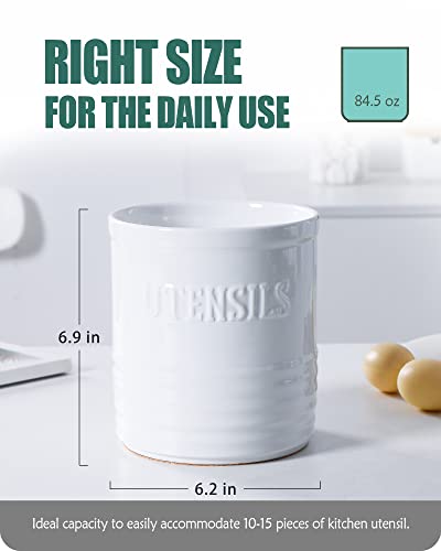 Lareina White Utensil Holder, Kitchen Utensil Holder For Countertop, 7 Inch Large Ceramic Utensil Crock With Anti-Slip Cork Bottom For Home Decor #TOP1