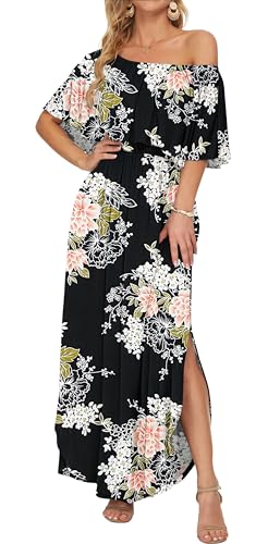 Image of AUSELILY Womens Off Shoulder Ruffle Split Summer Maxi Dresses with Pockets | Off-shoulder Ruffle dress with empire waist & side split for summer beach and casual parties