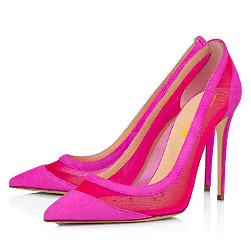 FSJ Women Sexy Mesh Stiletto High Heels Pumps Pointed Toe Slip On Dress Party Evening Dancing Shoes 7 Hot Pink