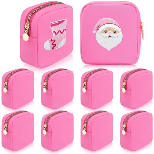 Giesiery 9 Pcs Christmas Mini Pouch Bag Nylon Makeup Bags Bulk Cosmetic Bags for Purse Toiletry Organizer Pouches for Women, Small Zipper Gift Pouch Preppy Coin Purse (Hot pink)