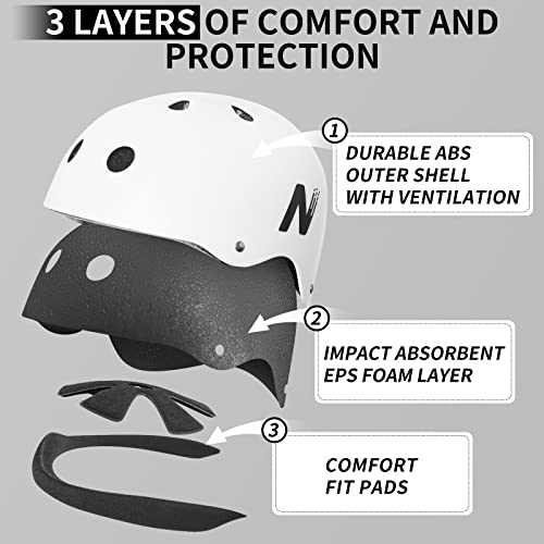 Nattork Skateboard White Helmet Protective Gear For Kids，Multi-Sport Scooter Helmet With Removable Liner For Bike, Scooter, Inline Skate, Roller Skate, Suitable For Adults #TOP2
