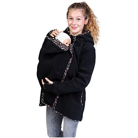 Viva la Mama - 4in1 Jacke für Rückentragen, Vorntragen aus Fleece, Umstandsjacke Winter - JANKO schwarz/Blümchen - L Cover