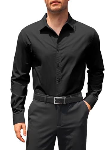 Runcati Herren Hemd Langarm Regular Fit Businesshemd Männer Einfarbig Baumwolle Freizeithemden Formale Button Down Hemden Schwarz XL