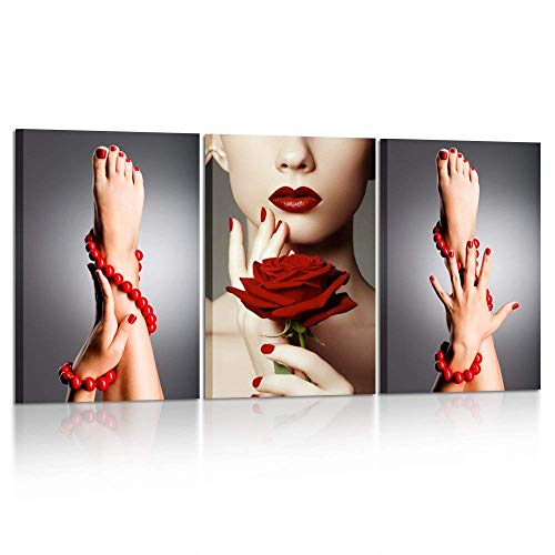 Image of KREATIVE ARTS 3 Piece Canvas Print Beauty Fashion Woman Portrait with Red Rose Flower Red Lips and Nails Wall Art Luxury Makeup and Manicure Poster Framed Art Work for Spa Salon