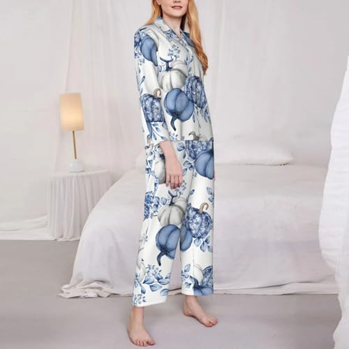 Fall Pumpkin Pajama Women'S Blue Pumpkin Bows Pajamas Set Long Sleeve Long Pants 2pcs Sleepwear3