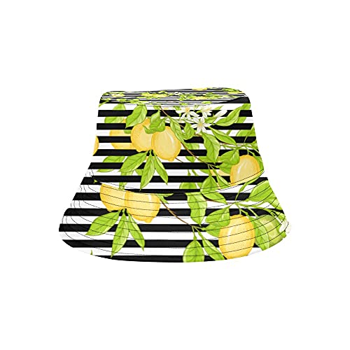 Black and White Stripes Lemon Bucket Hat Teens Printed Reversible Sun Hat Fall Packable Double-Side-Wear