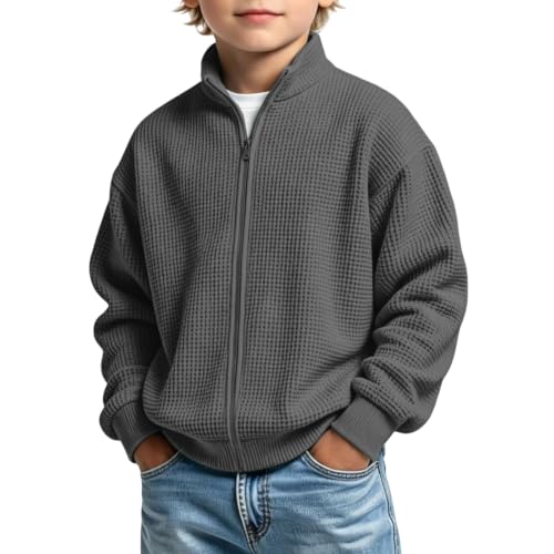 hcduwoeuk Boys Sweatshirts Waffle Knit Plain Long Sleeve Full Zip Up Jacket