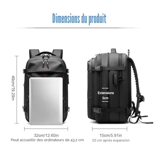 Sac à dos sous vide de voyage, 62 L, extensible, avec compression sous vide, anti-vol, équipé d'un dispositif d'aspiration d'air – vue 6