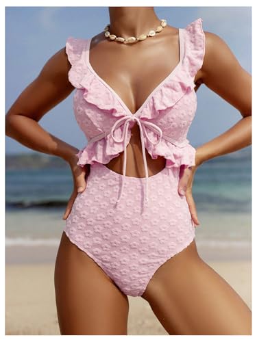 SweatyRocks Women's Cut Out Ruffle Floral One Piece Swimsuit Tie Front Monokini Bathing Suit4