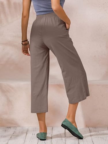 Image of ECUPPER Womens Cotton Cropped Pants Loose Fit Wide Leg Trousers | Casual, Plus Size, Elastic Waist, Capri, 100% Cotton, Slant Pockets, High Rise Waist, Lounge Pants
