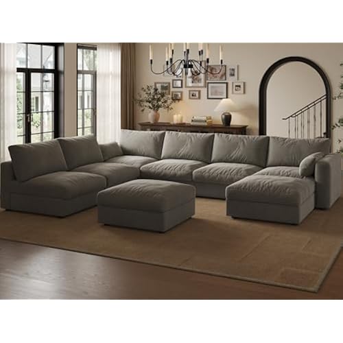 Cloud Modular Sectional Sofa Couch with Storage Ottoman, 128" Oversized Sectional Couches for Living Room, Cloud Modular U-Shaped Sofa with Chaise, 8 Seater, Chenille, Light Gray