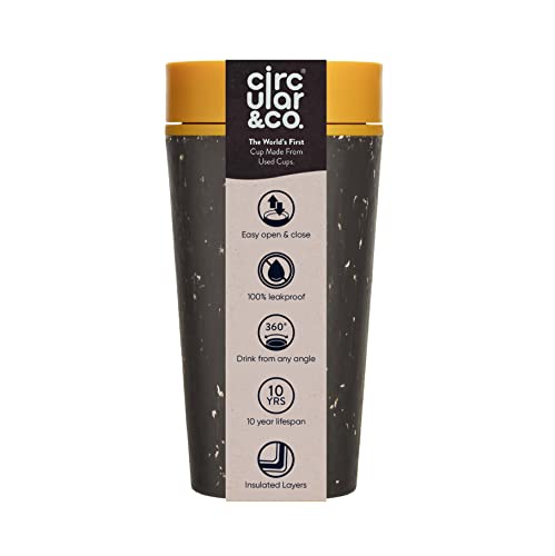 Circular and Co Leakproof Reusable Coffee Cup 12oz/340ml - The World's First Travel Mug Made from Recycled Coffee Cups, 100% Leak-Proof, Sustainable & Insulated (Black & Electric Mustard)