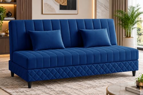 Image of Rosebell Modern 3-Seater Sofa Cum Bed Foldable Velevt Fabric Sofa, Seating, Stylish Design for Living Room, Guest Room & Office-Blue-Color