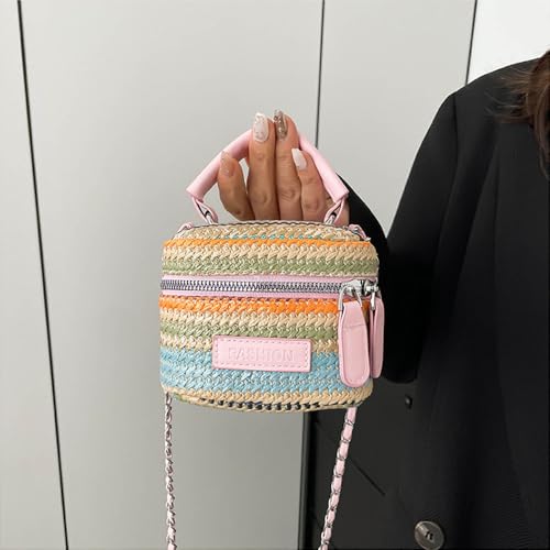 Women's Colorful Straw Crossbody Bag with Chain Strap Stylish Versatile Handbags 7