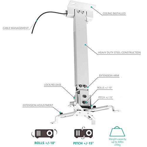 Wali Universal Projector Ceiling Mount Multiple Adjustment Bracket With 25.6 Inches Extension Pole, Hold Up To 44 Lbs (Pm-001-Wht), White #TOP2