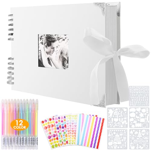 Album de Fotos Scrapbook Espiral, 80 Páginas Blanco DIY Scrapbooking Album Set con 2Pcs Photo Corners, 6 Pegatinas, 5 Plantillas, 12 Rotuladores de Colores, para Boda, Aniversario, Cumpleaños, Navidad