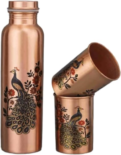 Pure Copper Water Bottle - Leak Proof - 100% Ayurvedic Copper Bottle - 1000ML Capacity - Handcrafted for Home Gym Office School - Travel Bottle with Peacock Design