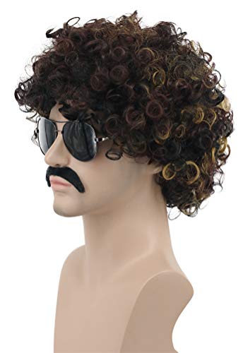 image for karlery Men Women Rocker Short Bob Curly Brown Gold Mustache Beard Dis