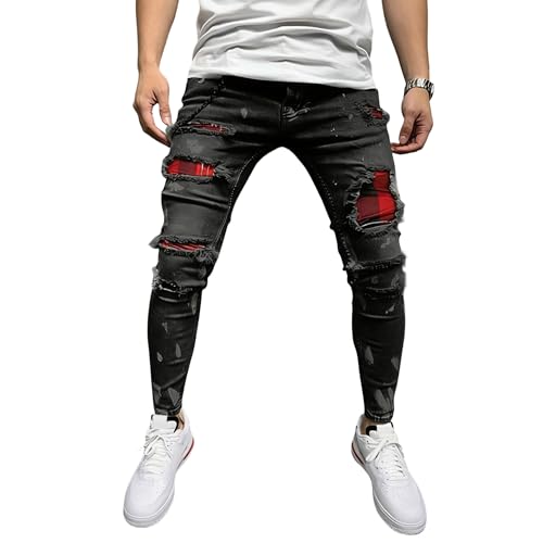 Guys Skinny Stretch Denim Pants Ripped Printed Design Casual Street Style Fashion Wear Black X-Large
