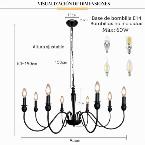 Lámpara de araña de casa de campo grande con 8 luces de vela industriales 4