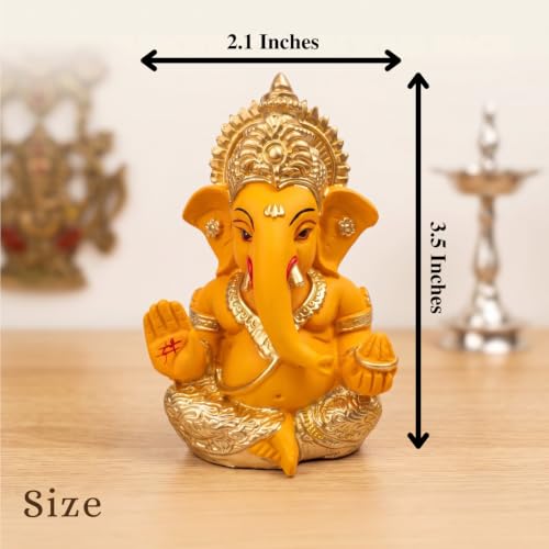 Image of Golden Legacy Orange and Gold Ganesha Idol - 3.5 Inch Divine Seated Ganpati Statue with Premium Finish for Home Mandir, Office Desk, and Car Dashboard - Auspicious Vastu Home Decor and Spiritual Gift