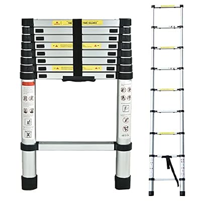 Telescoping Ladder 8.5FT Aluminum Telescopic Extendable Ladder 2.6M Multi-Purpose Attic Ladder Lightweight EN131 Safe Standard Adjustable Height Easy to Carry Non-slip Angled Feet 330lb Capacity