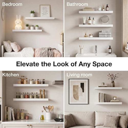 JPND Floating Shelf, Set of 2 Wall Shelves, 30 in W x 12.75 in D x 2 in H Wooden Floating Wall Shelf with Invisible Brackets for Living Room/Bedroom/Bathroom/Kitchen Storage and Decor, White by JPND - Image 5