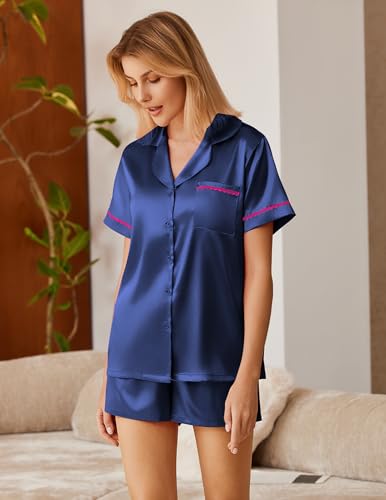 Image of Ekouaer Silk Satin Pajamas 2 Piece Pajamas for Women Set Button Down PJ Short Sleeve and Shorts Pjs Lounge Sets