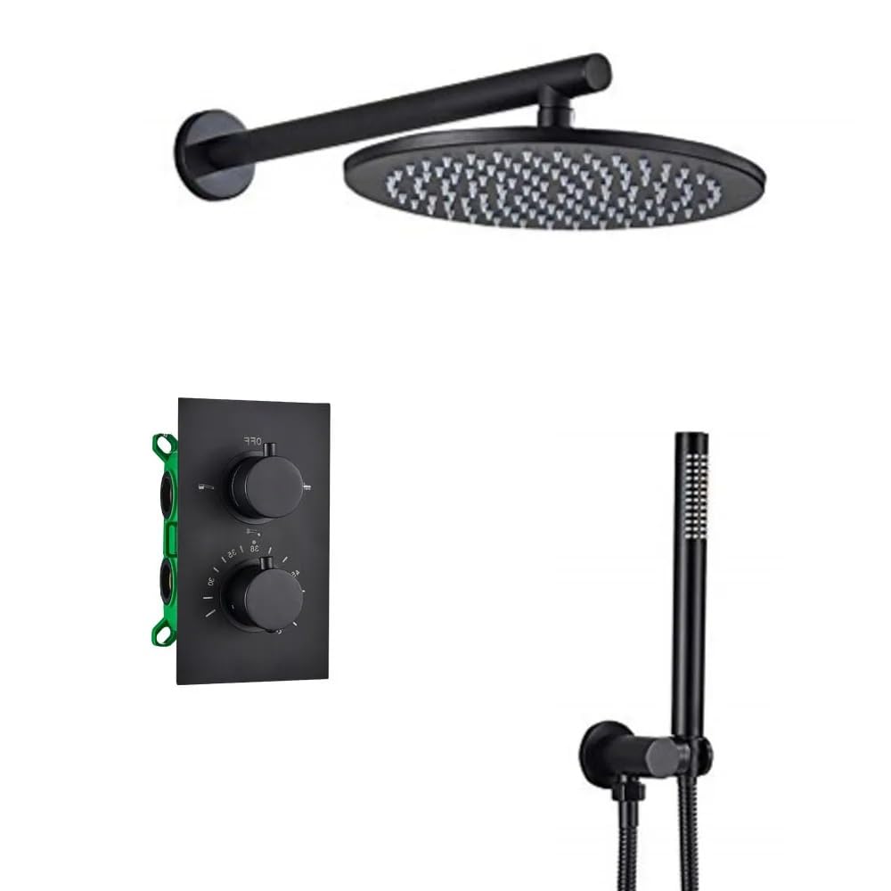 Robinet de douche haut de gamme noir mat et mitigeur thermostatique encastré avec ciel de pluie