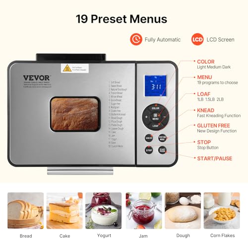 Image of VEVOR Bread Maker, 19-in-1 2LB Dough Machine, Nonstick Ceramic Pan Automatic Breadmaker with Gluten Free Setting, Whole Wheat Bread Making, Digital, Programmable, 3 Loaf Sizes, 3 Crust Colors