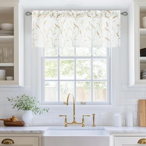 VOGOL Country Style Kitchen Curtains Valance, Brown Tassels Embroidered Light Filtering Sheer Valances for Bedroom, Rod Pocket Voile Curtain for Farmhouse, 1 Panel, 52 x 18 Inches