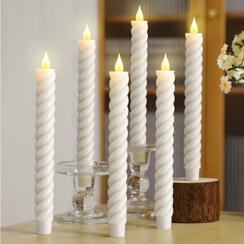 Image of Baquler 6 Pcs White Flameless Taper Candle Twisted LED 9.65 Inch Spiral Taper Candles Battery Operated Twisted Candlesticks for Spring Wedding Birthday Home Party Holiday Dinner Fireplace